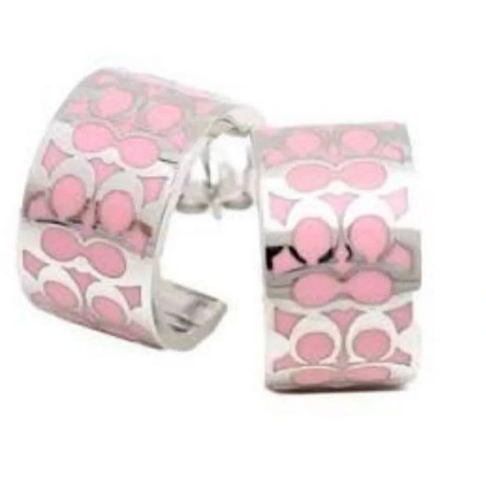 NWT COACH SIGNATURE C HUGGIE EARRINGS: PINK/SILVER C7770 in Polybag MSRP $110 - Picture 4 of 8